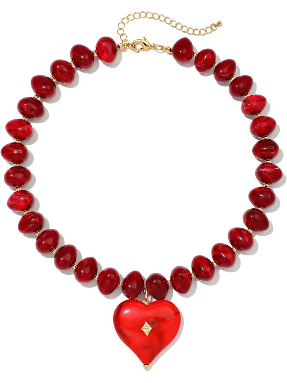 Women's Dark Red Acrylic Chunky Beaded Heart Pendant Necklace Choker Jewelry